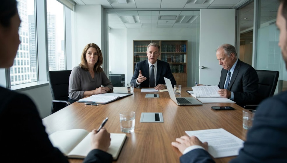 בפגישה במשרד לשימוע - אנשים יושבים סביב שולחן